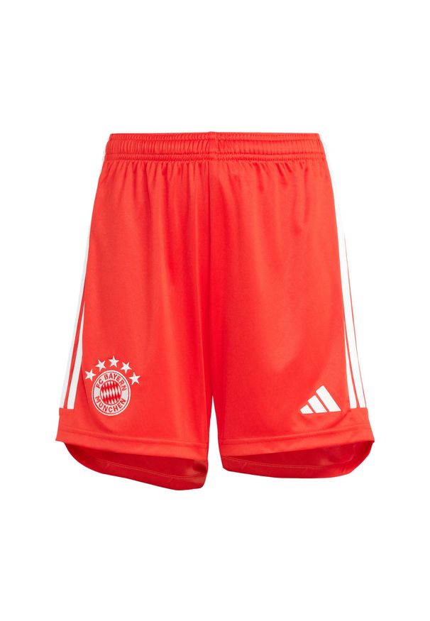 Spodenki do piłki nożnej dla dzieci Adidas FC Bayern 23/24. Kolor: wielokolorowy, czerwony, biały. Materiał: materiał