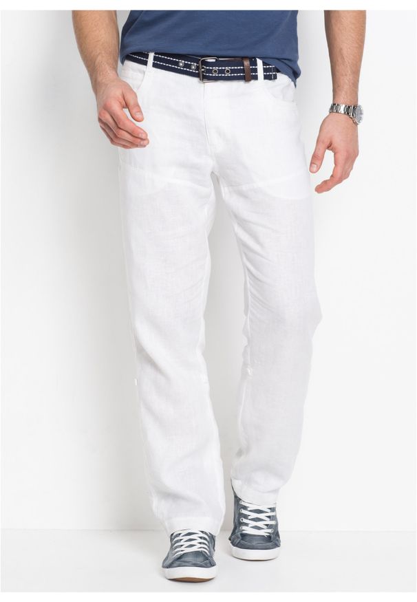 bonprix - Spodnie lniane z wywijanymi nogawkami Regular Fit. Kolor: biały. Materiał: len. Długość: do kolan