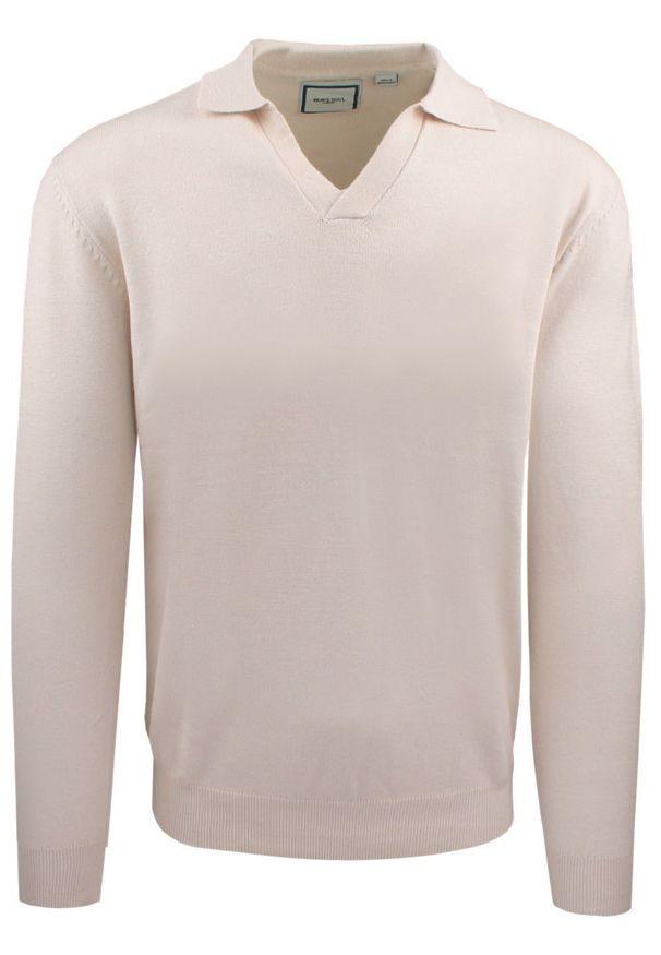 Męski, Lekki Sweter z Otwartym Kołnierzykiem Polo - Brave Soul - Kremowy. Typ kołnierza: polo. Kolor: beżowy, brązowy, wielokolorowy. Materiał: poliester, poliamid, wiskoza