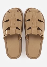 Renee - Ciemnobeżowe Klapki z Zakrytym Noskiem i Ozdobnymi Paskami z Klamerką Themine. Kolor: beżowy. Materiał: nubuk, koronka. Sezon: lato #5
