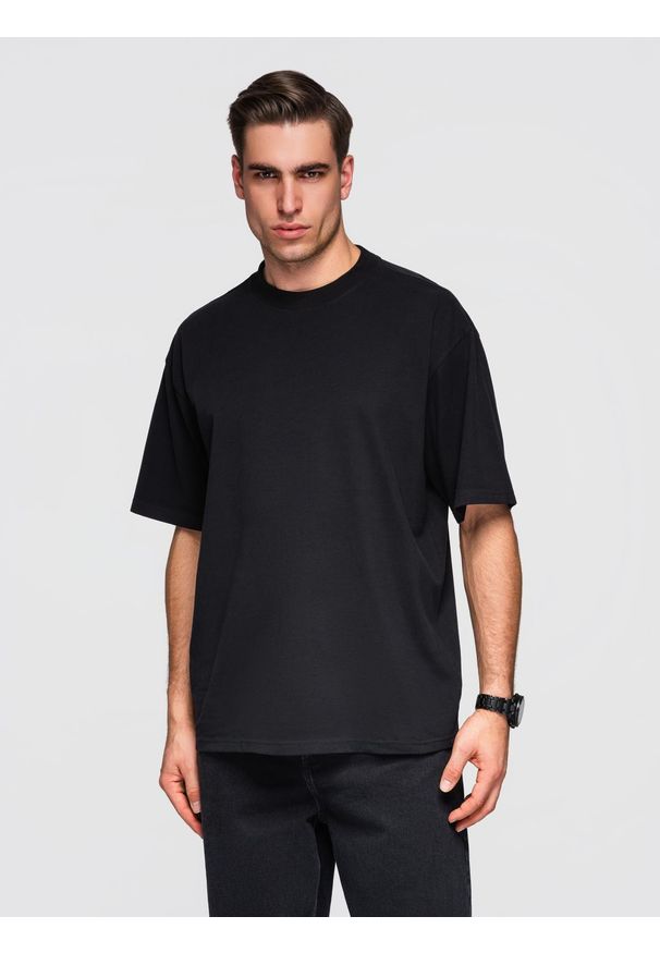 Ombre Clothing - Bawełniany męski t-shirt LOOSE FIT z okrągłym dekoltem – czarny V1 - Rozmiar: XL. Okazja: na co dzień. Kolor: czarny. Materiał: bawełna. Styl: casual, klasyczny