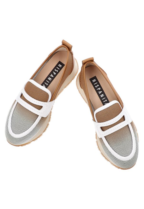 Biało-Brązowe Półbuty Hispanitas Eleganckie Wsuwane Obuwie Damskie. Zapięcie: bez zapięcia. Kolor: biały. Materiał: skóra. Styl: elegancki