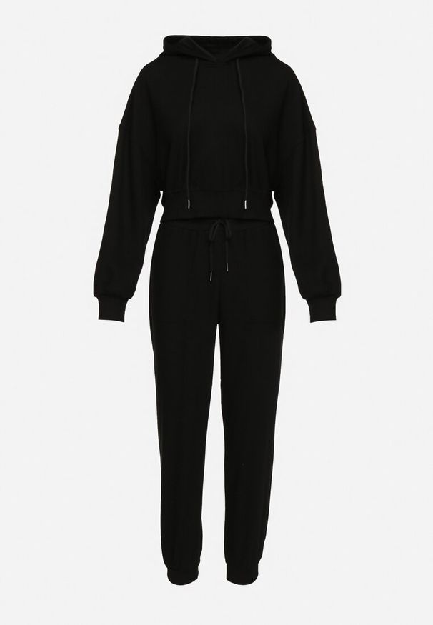 Born2be - Czarny Komplet Dresowy Bluza z Kapturem i Spodnie Joggery Famiana. Kolor: czarny. Materiał: dresówka