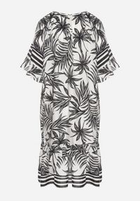 Born2be - Biała Sukienka o Pudełkowym Kroju z Wiązaniem przy Dekolcie w Roślinny Wzór Mirionela. Kolor: biały. Długość rękawa: krótki rękaw #7