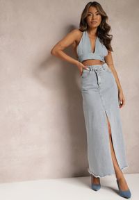 Renee - Jasnoniebieska Postrzępiona Spódnica Maxi z Jeansu z Rozcięciem Feedi. Stan: podwyższony. Kolor: niebieski. Materiał: jeans #4
