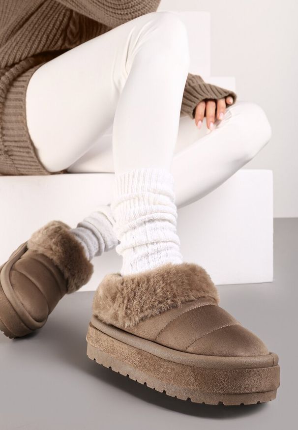 Born2be - Ciemnobeżowe Śniegowce na Grubej Podeszwie z Futerkiem Lisinora. Okazja: na co dzień, na spacer. Kolor: beżowy. Materiał: futro. Sezon: zima. Styl: elegancki, casual