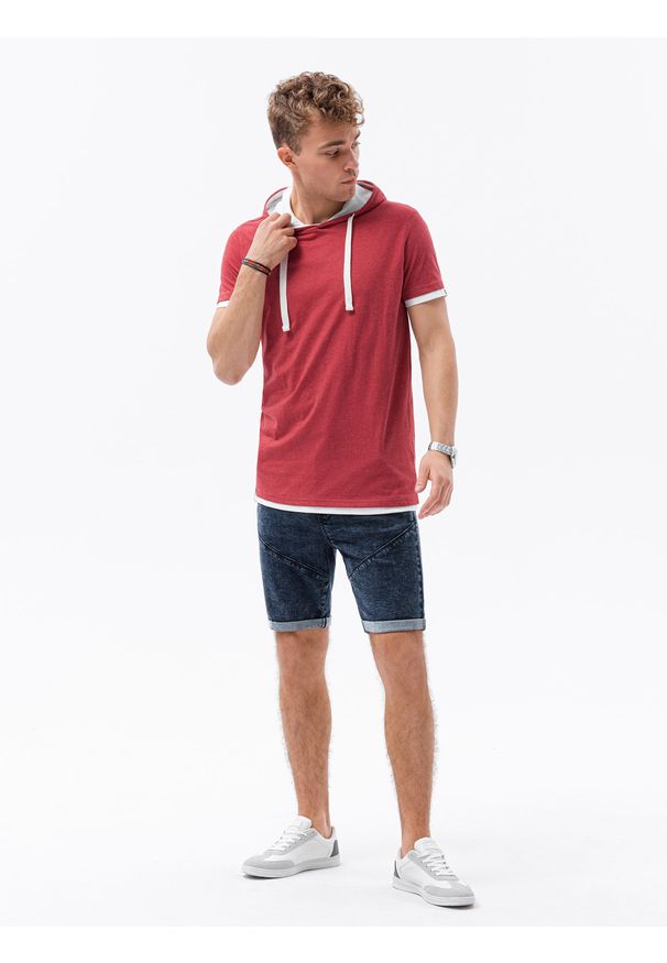 Czerwony t-shirt Ombre Clothing z kapturem, melanż