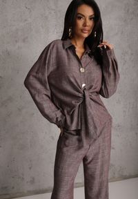 Renee - Brązowy Komplet z Wiskozą Bawełną i Lnem Wiązana Koszula i Szerokie Spodnie Ravisela. Kolor: brązowy. Materiał: wiskoza, bawełna, len #5