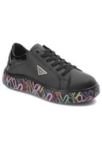 Czarne Sneakersy Filippo Modne Obuwie Damskie Na Kolorowej Platformie. Okazja: na co dzień. Zapięcie: sznurówki. Kolor: czarny. Materiał: skóra, jeans. Wzór: kolorowy. Obcas: na platformie. Styl: elegancki, casual