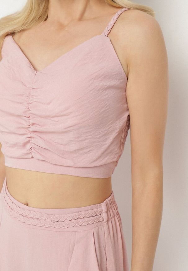 Born2be - Różowy Komplet z Wiskozą Top z Usztywnianymi Miseczkami i Szerokie Spodnie Lortebis. Kolor: różowy. Materiał: wiskoza. Wzór: aplikacja