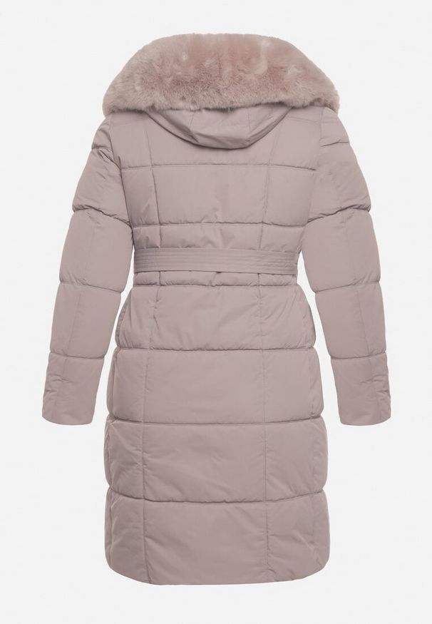 Born2be - Szara Pikowana Kurtka z Kapturem z Futrem i Wiązanym Paskiem Mevinatia. Okazja: na co dzień. Typ kołnierza: kaptur. Kolekcja: plus size. Kolor: szary. Materiał: futro. Styl: casual, klasyczny