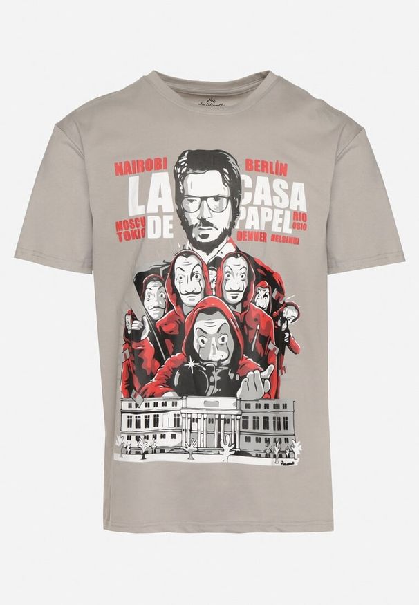 Born2be - Szary Klasyczny T-shirt z Bawełny z Dużym Nadrukiem Gunelia. Okazja: na co dzień. Kolor: szary. Materiał: bawełna. Wzór: nadruk. Styl: klasyczny