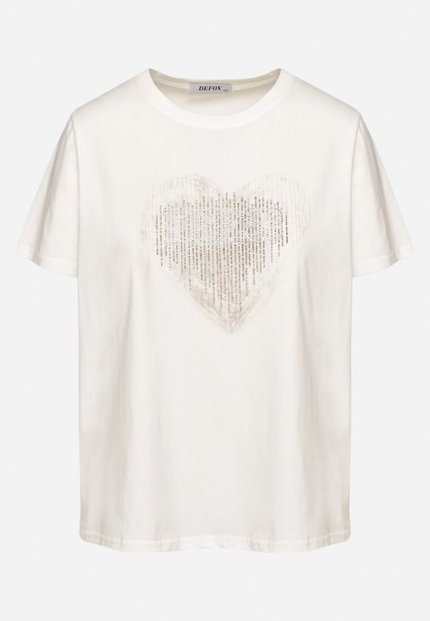 Born2be - Biała Bawełniana Bluzka z Napisem i Cyrkoniowym Sercem Marilys. Okazja: na co dzień. Kolor: biały. Materiał: bawełna. Długość rękawa: krótki rękaw. Długość: krótkie. Wzór: napisy. Styl: casual