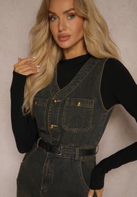 Renee - Granatowa Jeansowa Sukienka z Paskiem z Ekoskóry i Rozcięciem Zapinana na Suwak Samicella. Kolor: niebieski. Materiał: jeans #5