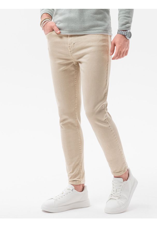 Ombre Clothing - Spodnie męskie jeansowe o kroju SLIM FIT - beżowe V8 P1058 - XXL. Okazja: na co dzień. Kolor: beżowy. Materiał: jeans. Wzór: gładki. Styl: sportowy, casual, elegancki