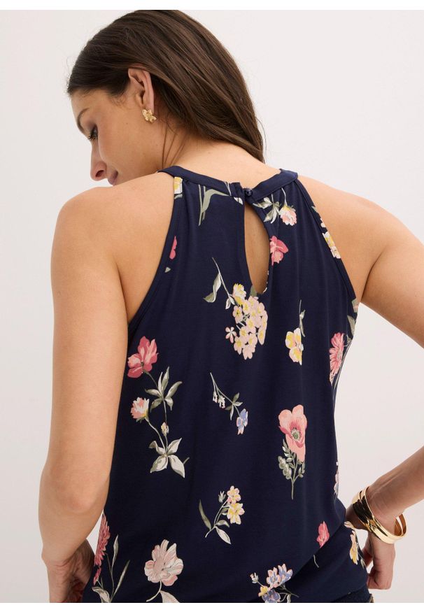 bonprix - Top z mieszanki wiskozy. Kolor: niebieski. Materiał: wiskoza, materiał. Wzór: nadruk