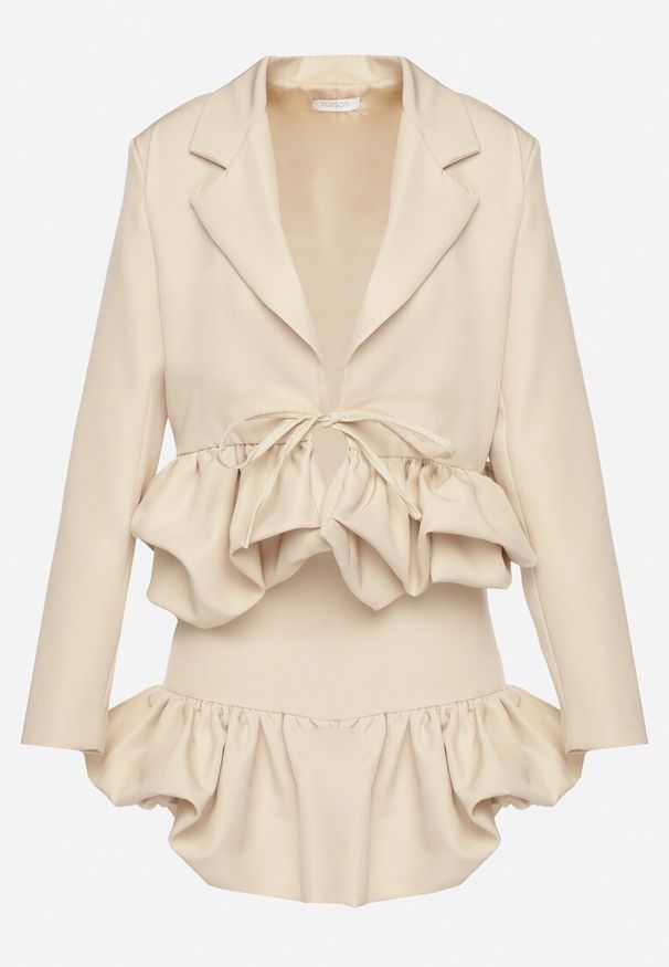 Born2be - Beżowy Komplet Garniturowy Zdobiony Falbanami Marynarka i Spódnico-Spodenki Voelia. Kolor: beżowy. Wzór: aplikacja