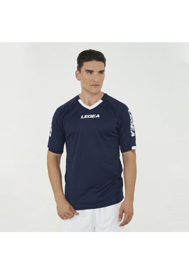 LEGEA - Koszulka koszykarska LOS ANGELES niebieska. Typ kołnierza: dekolt w serek. Kolor: niebieski, wielokolorowy, biały. Materiał: materiał, mesh. Długość rękawa: krótki rękaw. Długość: krótkie. Sport: koszykówka