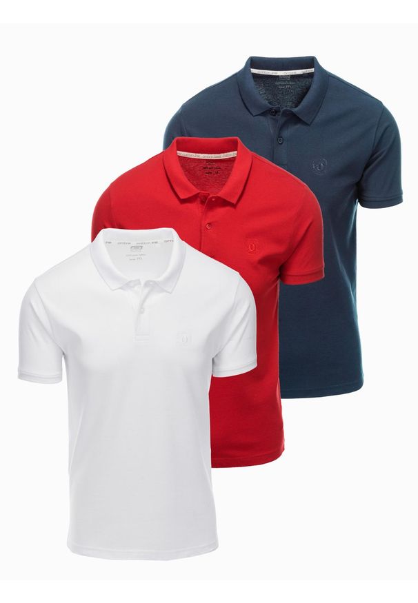 Ombre Clothing - Komplet męskich t-shirtów bawełnianych polo BASIC – granatowy/biały/czerwony V3 OM-POBS-0133 - XXL. Typ kołnierza: polo. Kolor: czerwony. Materiał: bawełna. Wzór: haft. Styl: klasyczny, sportowy