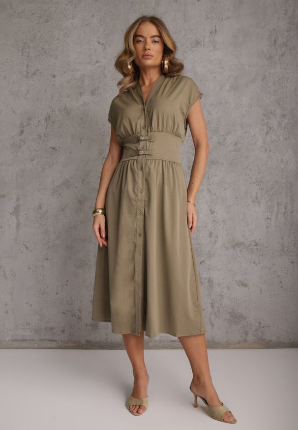 Renee - Zielona Sukienka na Guziki z Gorsetowym Panelem z Klamrami w Talii Frose. Typ kołnierza: dekolt gorset. Kolor: zielony. Typ sukienki: gorsetowe. Długość: midi