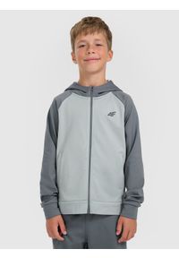 4f - 4F Bluza sportowa rozpinana z kapturem chłopięca - szara 158/164 (12-14 lat). Okazja: na co dzień. Typ kołnierza: kaptur. Kolor: szary. Materiał: dzianina, skóra. Sezon: lato. Styl: sportowy #1