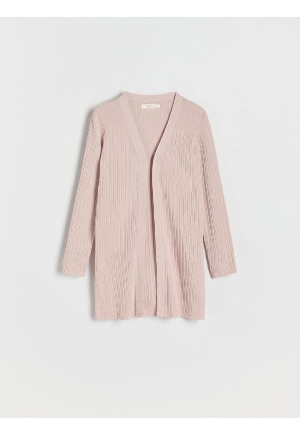 Reserved - Długi kardigan - beżowy. Kolor: beżowy. Materiał: dzianina. Długość: długie. Wzór: prążki