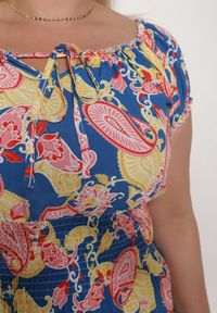 Born2be - Niebiesko-Różowa Bawełniana Sukienka z Gumką w Pasie Zilletta. Okazja: na randkę, na co dzień. Kolor: niebieski. Materiał: bawełna. Styl: casual, klasyczny #6