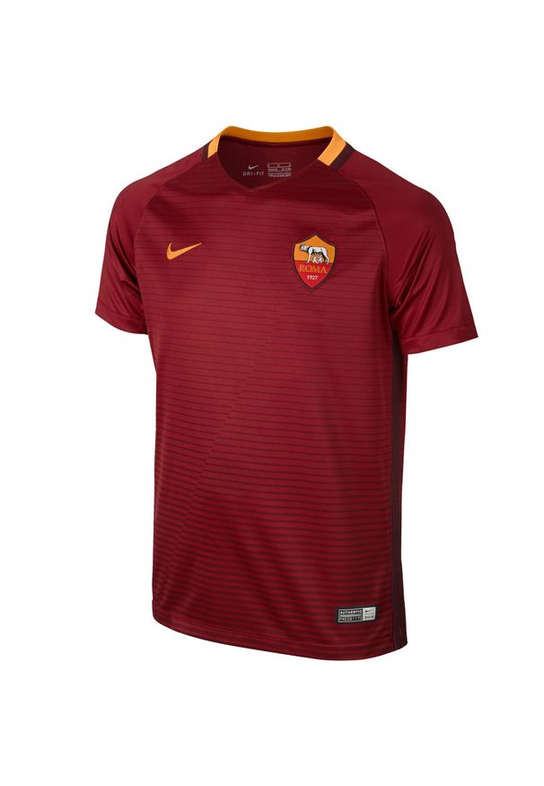 Nike - Koszulka krótki rękaw do piłki nożnej AS Roma dla dzieci. Kolor: czerwony. Materiał: materiał, poliester. Długość rękawa: krótki rękaw. Technologia: Dri-Fit (Nike). Długość: krótkie