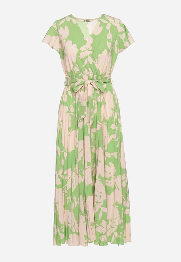 Born2be - Zielono-Beżowa Plisowana Koktajlowa Sukienka z Kopertowym Dekoltem Paskiem i Gumką w Talii Anelsea. Okazja: na spacer, na imprezę. Typ kołnierza: dekolt kopertowy. Kolor: zielony. Długość rękawa: krótki rękaw. Wzór: aplikacja. Typ sukienki: kopertowe. Styl: wizytowy