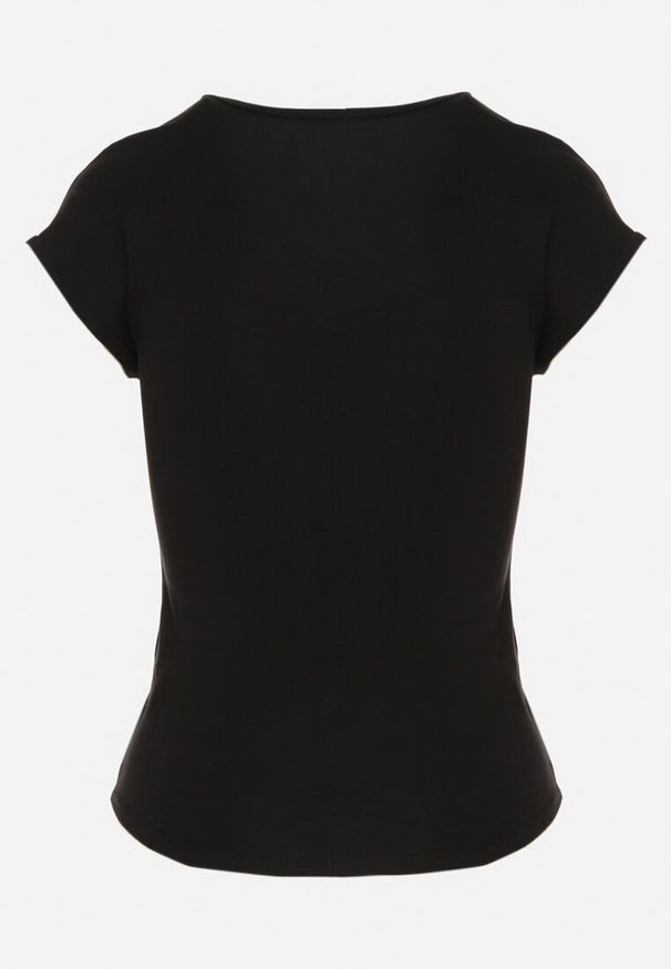 Born2be - Czarny T-shirt o Dopasowanym Kroju z Wycięciem i Guzikami przy Dekolcie Ballirea. Okazja: na co dzień. Kolor: czarny. Materiał: jeans. Wzór: aplikacja. Styl: elegancki, casual