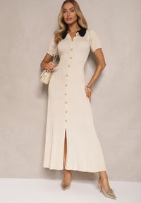 Renee - Jasnobeżowa Wiskozowa Sukienka Rozkloszowana Retro z Guzikami i Kołnierzem Ardival. Okazja: na co dzień, na spacer. Kolor: beżowy. Materiał: wiskoza. Wzór: aplikacja, ażurowy. Typ sukienki: proste, rozkloszowane. Styl: retro #4