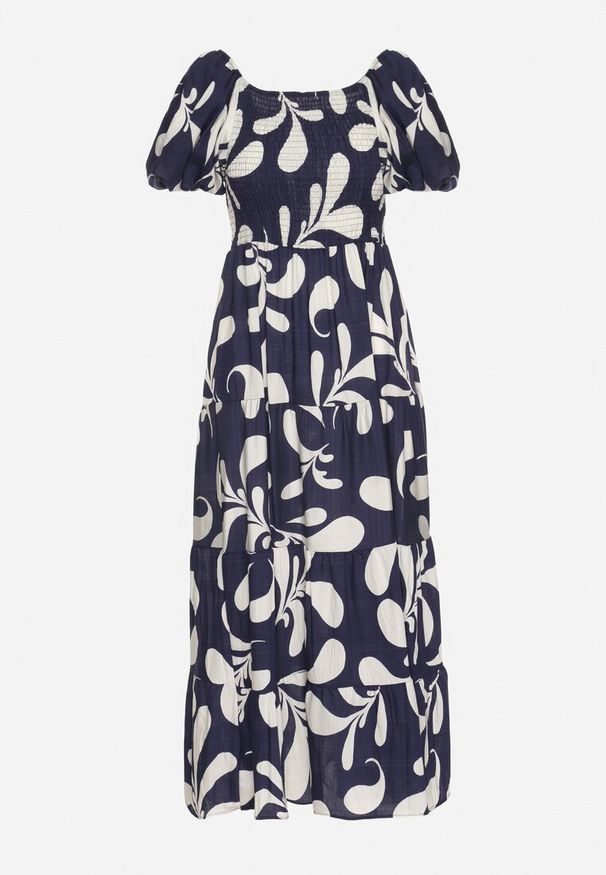 Born2be - Granatowa Rozkloszowana Sukienka z Elastyczną Górą i Bufiastymi Rękawami Orrivene. Okazja: na co dzień. Typ kołnierza: dekolt kwadratowy. Kolor: niebieski. Typ sukienki: proste. Styl: casual, elegancki