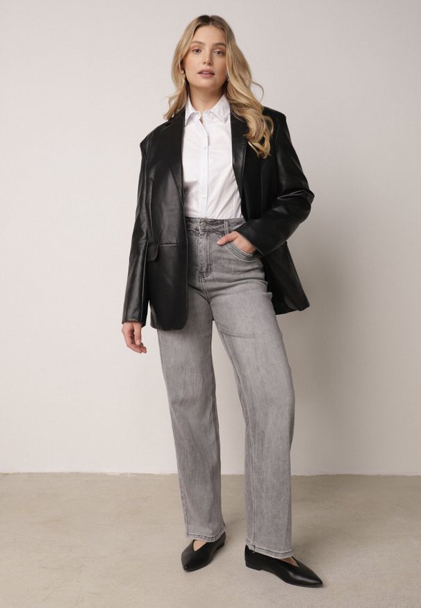 Born2be - Szare Szerokie Jeansy z Wysokim Stanem z Bawełną i Domieszką Wiskozy Jenninne. Okazja: na co dzień. Stan: podwyższony. Kolor: szary. Styl: casual, klasyczny