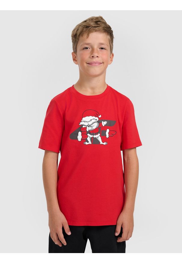 4f - 4F T-shirt regular z nadrukiem świątecznym chłopięcy - czerwony 146 (10-11 lat). Kolor: czerwony. Materiał: bawełna, jeans, materiał, dresówka. Wzór: nadruk. Sezon: lato. Styl: wizytowy