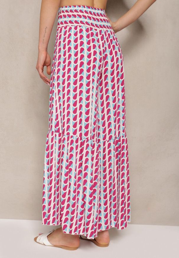 Renee - Fuksjowo-Białe Spodnie z Wiskozy High Waist Typu Palazzo z Gumką w Talii Tiimacella. Stan: podwyższony. Kolor: różowy. Materiał: wiskoza. Sezon: lato