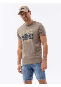 Ombre Clothing - T-shirt męski bawełniany z nadrukiem - jasnobrązowy V4 S1732 - XXL. Kolor: brązowy. Materiał: bawełna. Długość rękawa: krótki rękaw. Długość: krótkie. Wzór: nadruk. Styl: klasyczny, elegancki