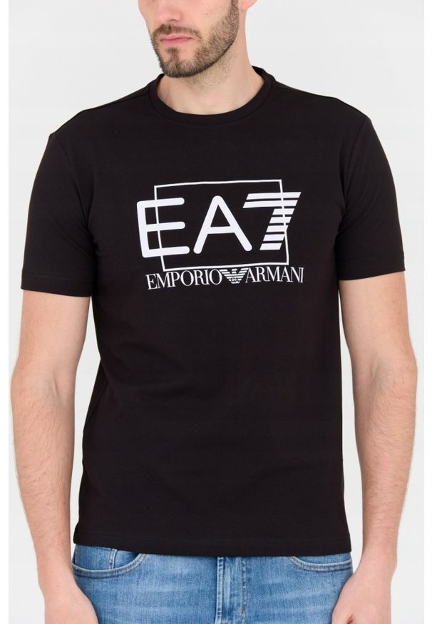 EA7 Emporio Armani - EA7 Czarny męski t-shirt z dużym białym logo, Rozmiar M. Kolor: czarny