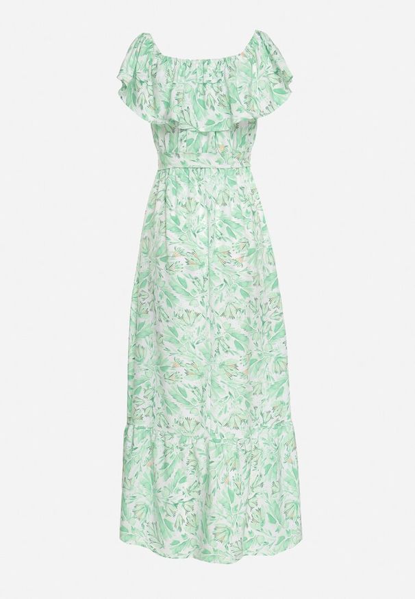 Born2be - Zielona Sukienka Hiszpanka z Bawełną w Kwiaty Mreova. Okazja: na co dzień. Typ kołnierza: dekolt hiszpanka. Kolor: zielony. Materiał: bawełna. Wzór: kwiaty. Styl: elegancki, casual, klasyczny