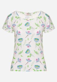 Born2be - Biało-Zielony Bawełniany T-shirt Ozdobiony Nadrukiem Zarice. Okazja: na co dzień. Kolor: biały. Materiał: bawełna. Wzór: aplikacja, nadruk. Styl: klasyczny, casual #3