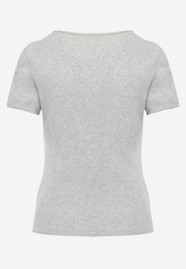 Born2be - Szary Dopasowany T-shirt z Prążkowanej Tkaniny z Bawełny Acalenos. Okazja: na co dzień. Kolor: szary. Materiał: bawełna, tkanina, prążkowany. Sezon: lato. Styl: elegancki, klasyczny, casual