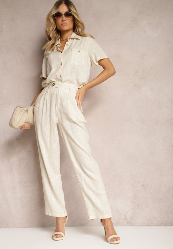 Renee - Jasnobeżowe Szerokie Spodnie z Lnu i Wiskozy o Luźnym Kroju Adnetha. Okazja: na co dzień. Kolor: beżowy. Materiał: len, wiskoza. Styl: elegancki, casual