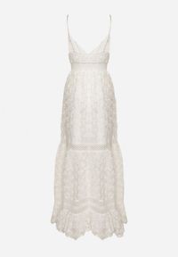 Born2be - Biała Koktajlowa Kwiatowa Sukienka na Ramiączkach z Regulacją i Gumką w Talii Navinae. Okazja: na co dzień, na imprezę. Kolor: biały. Długość rękawa: na ramiączkach. Wzór: kwiaty. Sezon: lato. Styl: wizytowy #3