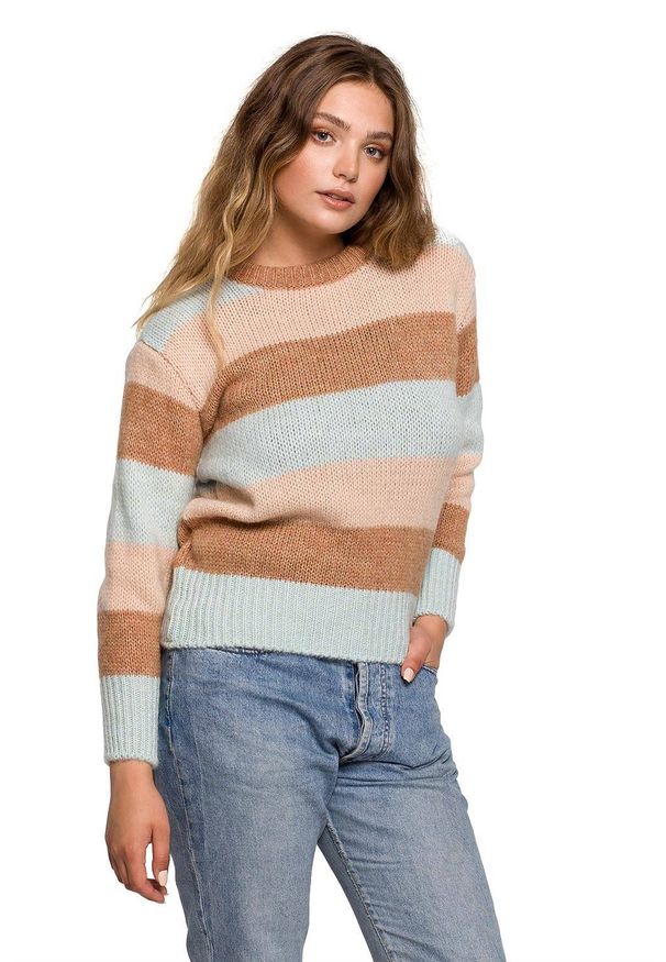 BE Knit - Mięciutki wełniany sweter w kolorowe paski. Okazja: na co dzień. Materiał: wełna. Wzór: paski, kolorowy. Sezon: jesień, zima. Styl: casual
