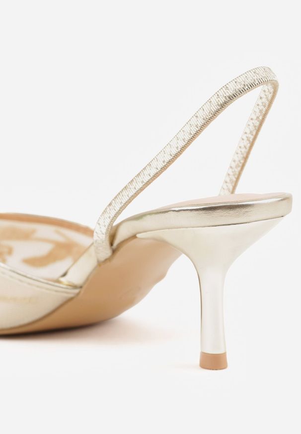 Born2be - Złote Czółenka Siateczkowe na Szpilce Ozdobione Perełkami i Haftami Vilania. Okazja: na co dzień. Zapięcie: pasek. Kolor: złoty. Materiał: satyna. Wzór: aplikacja, haft. Obcas: na szpilce. Styl: elegancki, klasyczny, casual