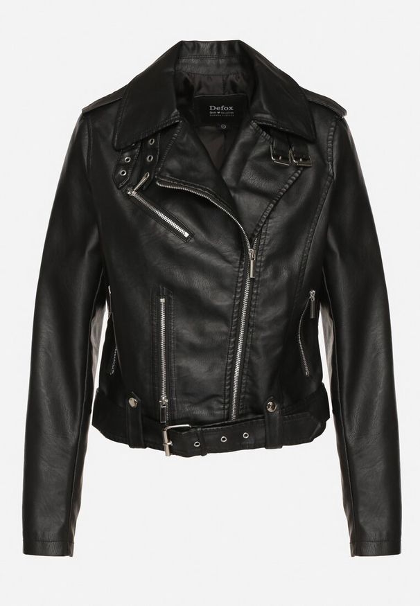 Born2be - Czarna Kurtka Ramoneska z Asymetrycznym Suwakiem i Regulowanym Paskiem Bralissa. Okazja: na co dzień. Kolor: czarny. Materiał: jeans. Styl: casual, elegancki, rockowy