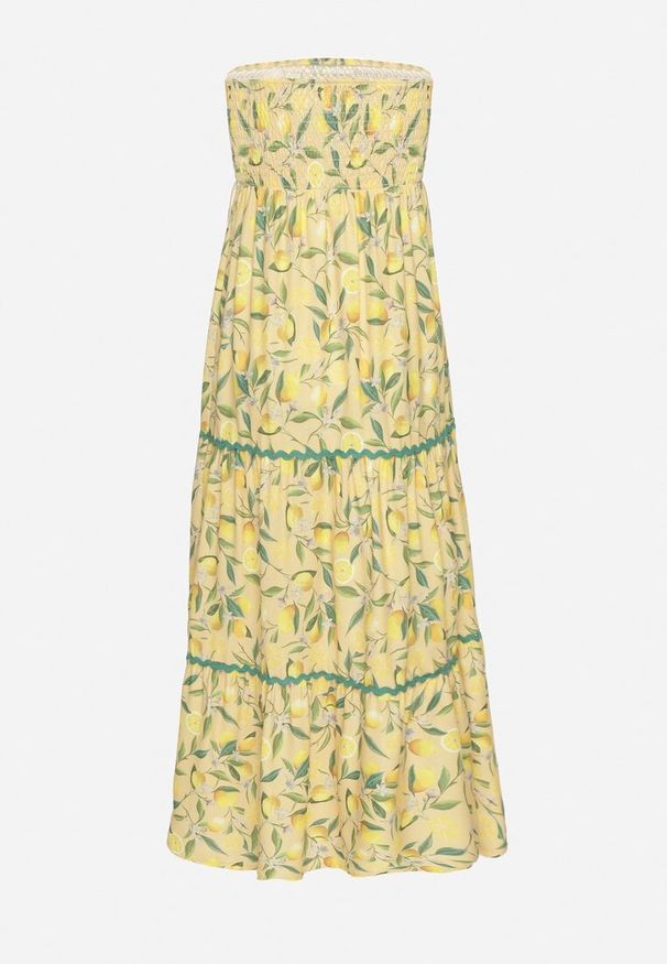 Born2be - Żółta Sukienka w Cytryny z Kokardą Galadessa. Okazja: na co dzień, na randkę. Typ kołnierza: kokarda. Kolor: żółty. Sezon: lato. Styl: casual, elegancki