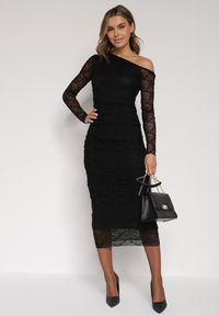 Born2be - Czarny Koronkowy Komplet Dopasowana Spódnica i Bluzka na Jedno Ramię Calonara. Kolor: czarny. Materiał: koronka #6