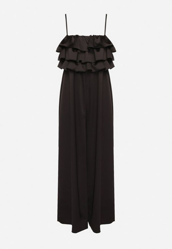 Born2be - Czarny Kombinezon Koktajlowy na Regulowanych Ramiączkach z Falbankami i Gumką w Pasie Tesvia. Okazja: na co dzień. Kolor: czarny. Długość rękawa: na ramiączkach. Styl: wizytowy