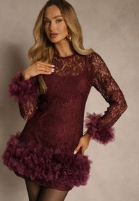 Renee - Bordowa Dopasowana Koronkowa Sukienka Koktajlowa z Tiulowymi Aplikacjami Kretalia. Okazja: na imprezę. Kolor: czerwony. Materiał: tiul, koronka. Długość rękawa: na ramiączkach. Wzór: aplikacja. Typ sukienki: dopasowane. Styl: wizytowy #1