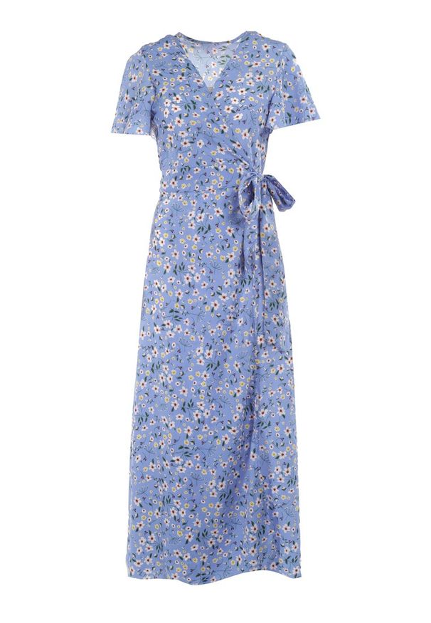 Born2be - Niebieska Sukienka Theminophe. Okazja: na co dzień. Kolor: niebieski. Materiał: wiskoza, tkanina, materiał. Długość rękawa: krótki rękaw. Wzór: kwiaty, kropki. Typ sukienki: proste, rozkloszowane, kopertowe. Styl: casual. Długość: maxi